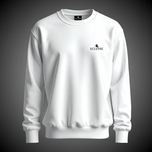 Voorkant van een witte sweater met een klein, zwart ECLYPSE logo en een subtiel vlindertje op de linkerborst.